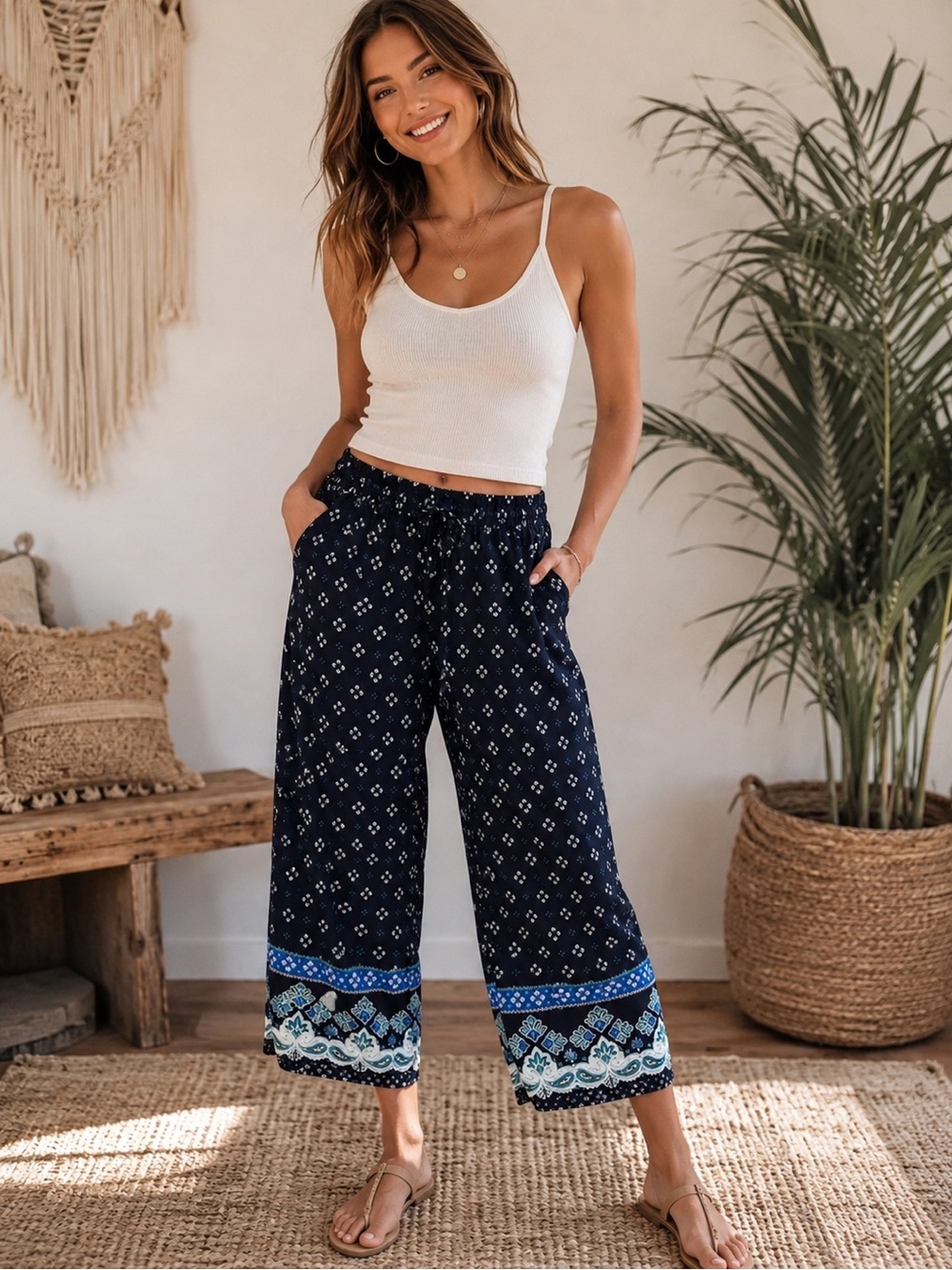 Loft Women's‎ Small Navy Floral Cropped Ankle Pants Drawstring Wide-Leg Boho